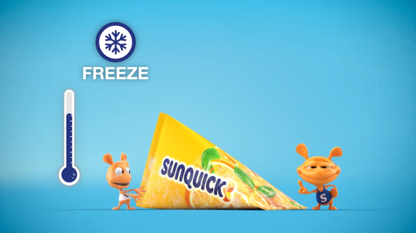 Sunquick Tetra Pak Sun & Quick mascots freeze-cut-squeeze