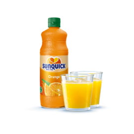 Sunquick orange bottle and glasses