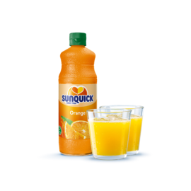 Sunquick orange bottle and glasses